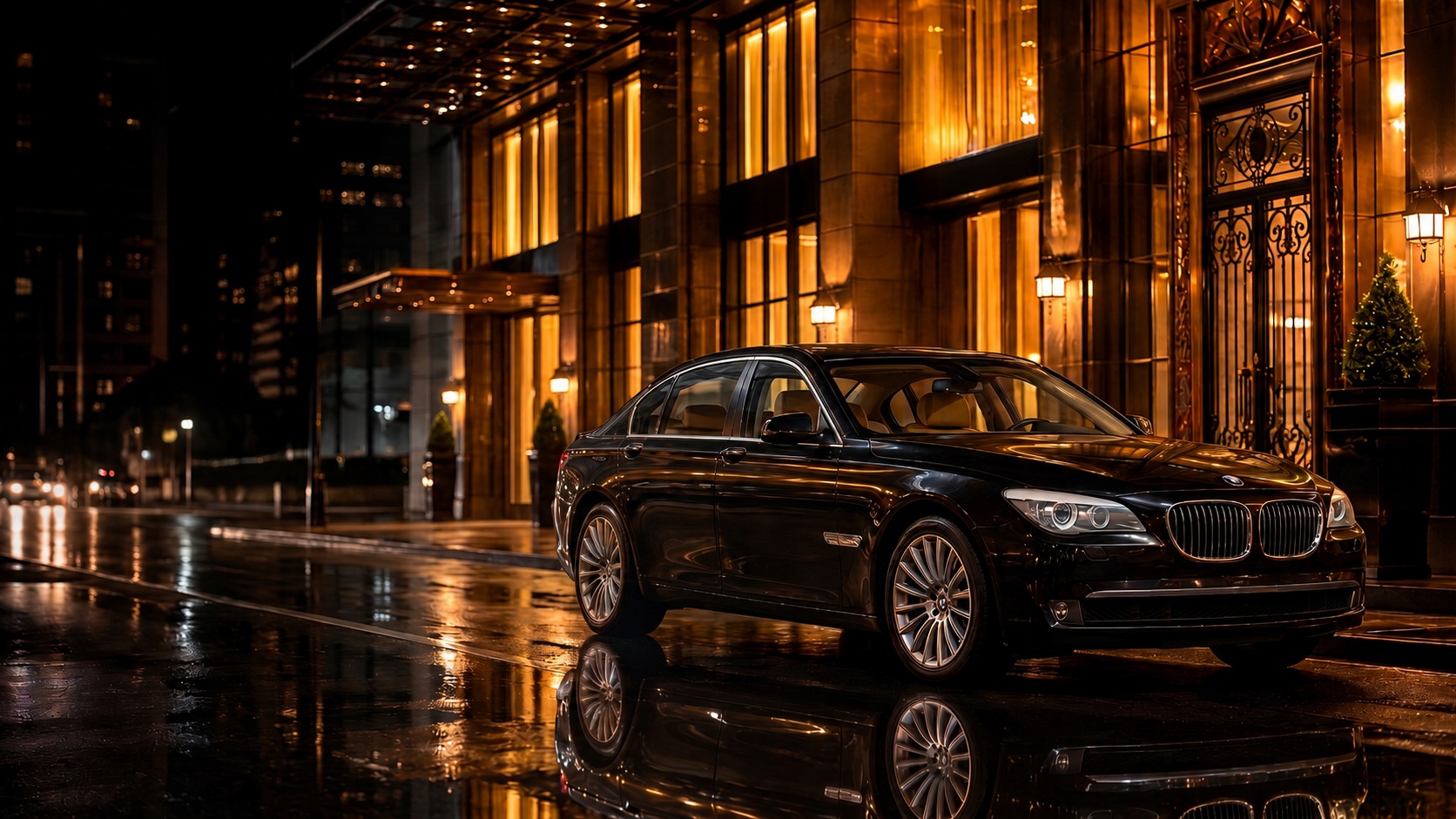 Front profile of a black BMW 7 Series sedan outside a gold-lit hotel at night